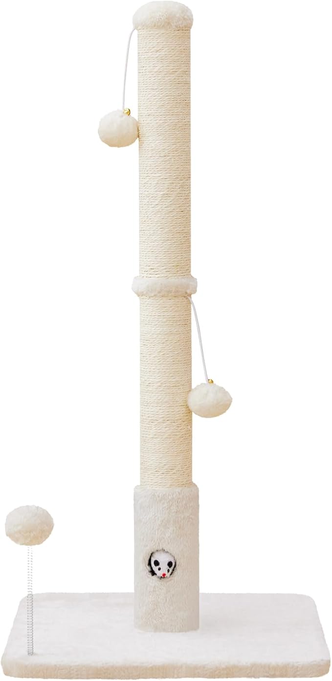 Cat Scratching Posts 33" for Adults Cats, Cat Scratcher with Soft Fabric Covering Base and Durable Sisal Rope, Scratcher with Fun Mouse Hole and Cat Toy for Tall Cats (White)