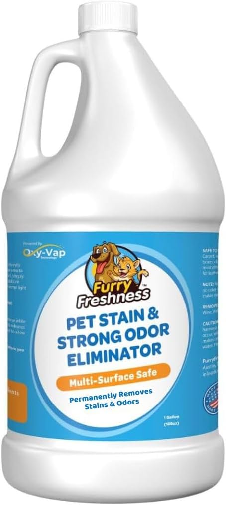FurryFreshness Extra Strength Cat or Dog Pee Stain & Permanent Odor Remover + Smell Eliminator -Removes Stains from Pets & Kids Including Urine or Blood- Lifts Old Carpet Stains- (Gallon)