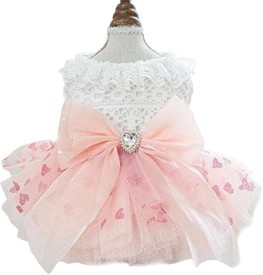 Dog Princess Dress with Heart Patterns & Bow Puppy Clothes for Small Dogs Girl Fancy Cat Birthday Outfit Pet Wedding Dresses (Pink White, X-Large)