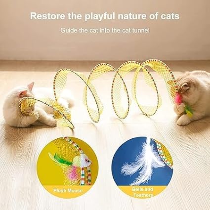 Folded Cat Tunnel Toy for Indoor Cats, 2 PCS Collapsible Pet Spring Cat Toys with Feather Mouse Upgrade Interactive Toy Playing Tent for Puppy Kitten Accessories Home