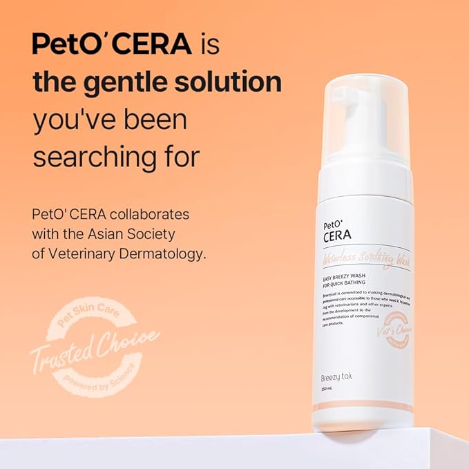 PetO’Cera Waterless Shampoo for Dogs & Cats–No Rinse Foam, Lick-Safe, Itch Relief, Detangles & Moisturizes, Hypoallergenic, Vet-Approved, 5.07oz/150ml