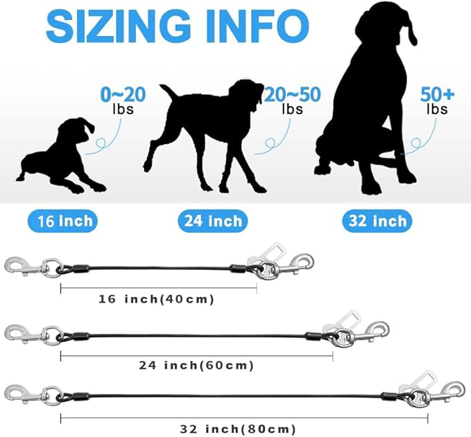 Dog Seat Belt Harness for Car,Dog Seatbelt of Coated Wire Leash Safety Restraint,No Chew Tether Cable Vehicle Dog Accessories,Double Clips & Latch (Black, 32 inch/80 CM)