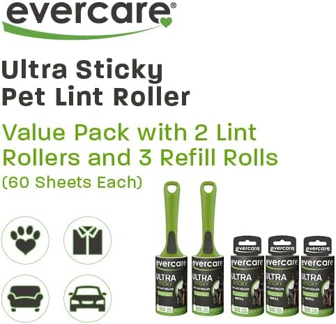 Evercare Ultra Sticky Pet Lint Roller Value Pack with 2 Lint Rollers and 3 Refill Rolls, 60 Sheets Each Multicolor