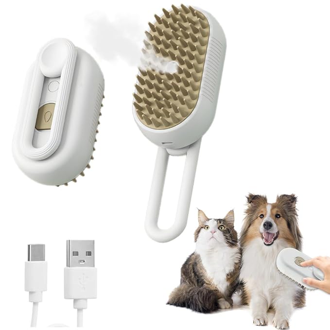 4-in-1 Cat Grooming Steam Brush, Pet Hair Shedding, Massage, Cleaning, Combing (white)