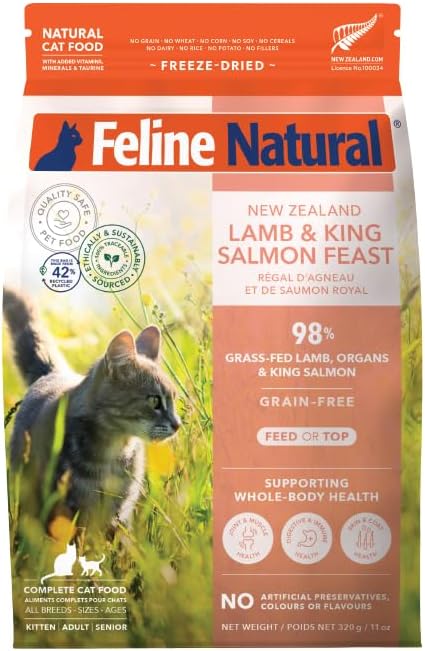 Feline Natural High Protein Dry Cat Food, Freeze-Dried Diet with 98% Meat, Organs & Seafood, No Peas, Grains, or Artificial Additives, Made in New Zealand, Lamb & King Salmon, 11oz