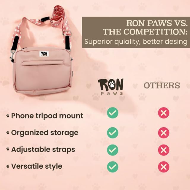 Dog Walking Crossbody with Treat Pouch & Tripod - Hands-Free Storage with Phone Holder, Poop Bag Dispenser, Hook for Used Poop Bags & Training Features (Pink)