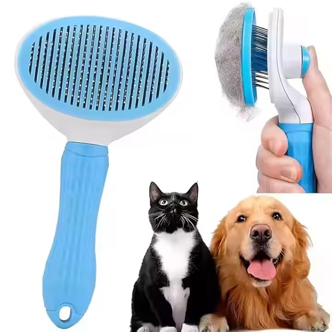 Pet Brush for Cats and Dogs | Self Cleaning Comb for Cats, Dogs, Bunny | Blue Pet Grooming Brush | Massaging Tool Suitable for Pets with Long or Short Hair