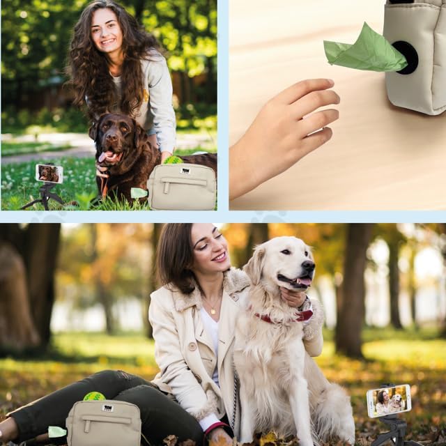 Dog Walking Crossbody with Treat Pouch & Tripod - Hands-Free Storage with Phone Holder, Poop Bag Dispenser, Hook for Used Poop Bags & Training Features (Beige)