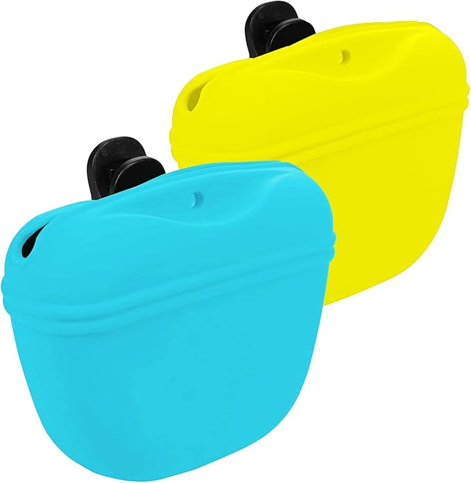 Dog Treat Pouch 2 Pack, Dog Treat Training Pouch, Silicone Pet Treat Bag BPA Free/Clip/Magnetic Dog Walk (Yellow & Blue)