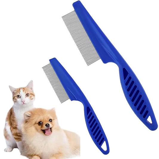 Pet Hair Comb, 2-in-1 Multifunctional Stainless Steel Pet Grooming Comb for Dog and Cat for Flea, Tear Stain Removal, and Dehairing Dogs and Cats' Face, Paws, and Body (Blue)