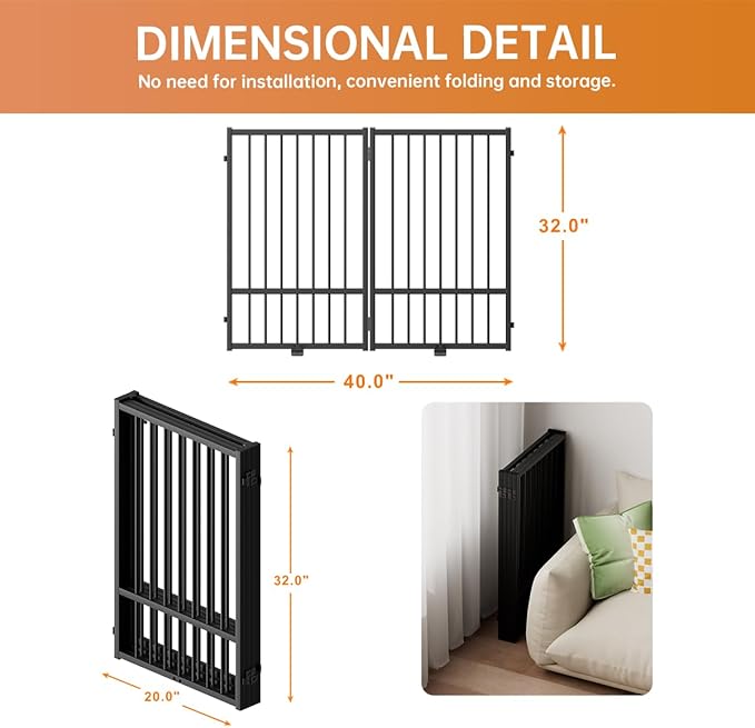 Full Metal Freestanding Dog Gate with Door, 32''Height Foldable Pet Dog Fence for Indoor & Outdoor, 2 Panels Extra Wide Free Standing TallDog Gates for Doorways,House,Stairs,Porch,Deck,Yard