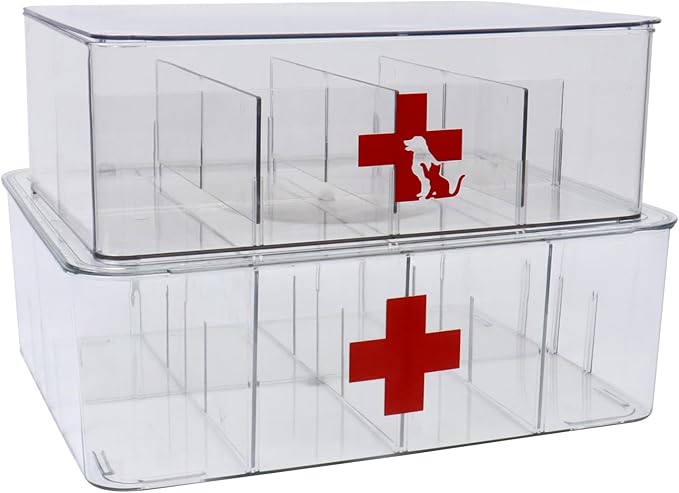 First Aid Box and Pet Frist Aid Storage Bin, Acrylic Medicine Kit Case Organizer Empty, Divided First Aid Storage Box Kit with Hinge Lid, Emergency Kit Storage Box for Family and Pet (Clear)
