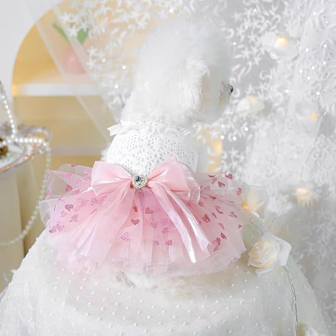 Dog Princess Dress with Heart Patterns & Bow Puppy Clothes for Small Dogs Girl Fancy Cat Birthday Outfit Pet Wedding Dresses (Pink White, X-Large)