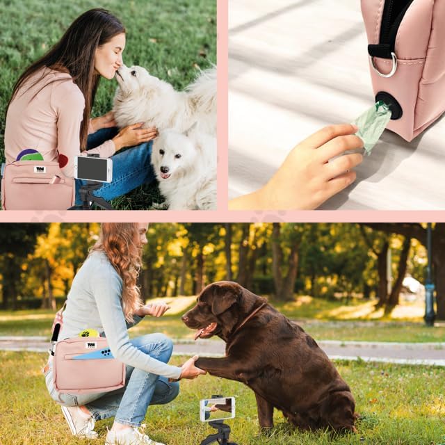 Dog Walking Crossbody with Treat Pouch & Tripod - Hands-Free Storage with Phone Holder, Poop Bag Dispenser, Hook for Used Poop Bags & Training Features (Pink)