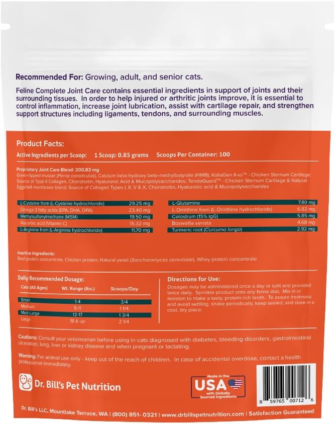 Dr. Bill’s Feline Complete Joint Care | Advanced Hip & Joint Supplement for Cats | Green Lipped Mussel Extract, Collagen Type II, Chondroitin, Hyaluronic Acid, Omega 3 and Colostrum | Powder, 85g