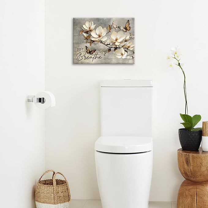 Floral Magnolia Bathroom Pictures Wall Art, Just Breathe Bathroom Wall Decor, Flower Butterfly Framed Painting Canvas Artwork for Bedroom Living Room Decorations 16"L x 12"W