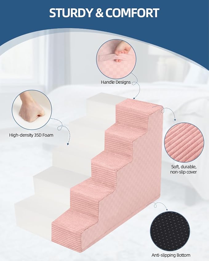 Dog Stairs for Small Dogs,17.5" H,4-Step Dog Steps for Bed and Couch with High Density Foam,Non-Slip Pet Steps for Doggy and Cat,Pet Stairs with a Washable Cover,Pink