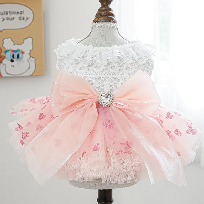 Dog Princess Dress with Heart Patterns & Bow Puppy Clothes for Small Dogs Girl Fancy Cat Birthday Outfit Pet Wedding Dresses (Pink White, X-Large)