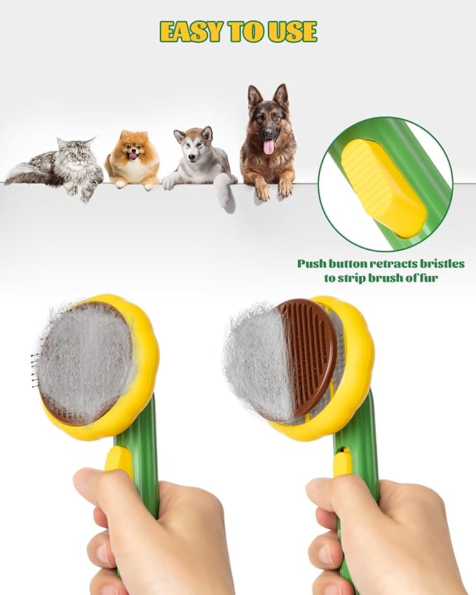 Self-Cleaning Dog & Cat Slicker Brush, Skin Friendly Deshedding Grooming Tool for Long or Short Haired Dogs Cats Rabbits, Dog Shedding Brush with Release Button-Sunflower