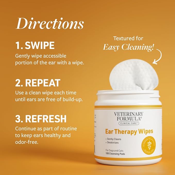 Veterinary Formula Clinical Care Ear Therapy Wipes, 100ct – Cat and Dog Ear Cleaner – Help Relieve Itchy Ears Quickly & Effectively Remove Dirt, Debris, and Foul Odor