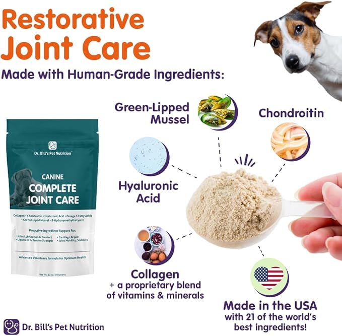 Dr. Bill’s Canine Complete Joint Care – Hip & Joint Supplement for Dogs for Mobility, Muscle Support & Inflammation Relief – Green Lipped Mussel, Chondroitin, Collagen, Omega-3 – Powder, 340g