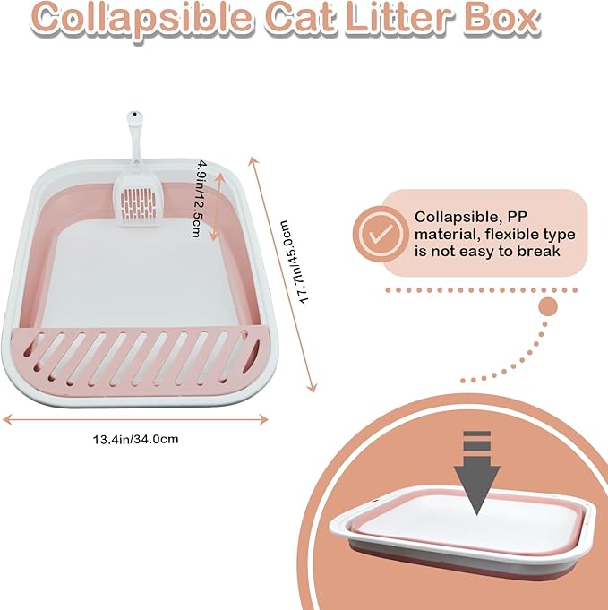 Foldable Cat Litter Box Open Potty Pan Portable Collapsible Cats Litter Boxs Travel Kitten Pan with Scoop Waterproof Low Entrance for Kitten and Easy Clean 17.7"×13.4"x4.9"(Pink)