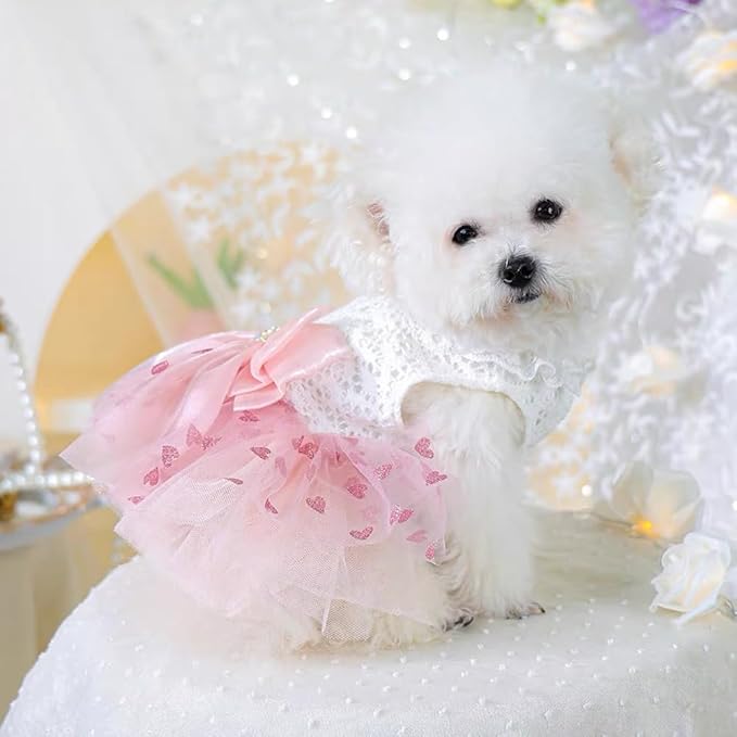 Dog Princess Dress with Heart Patterns & Bow Puppy Clothes for Small Dogs Girl Fancy Cat Birthday Outfit Pet Wedding Dresses (Pink White, X-Large)