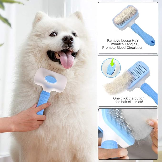 Self Cleaning Slicker Brush,Dog Brush & Cat Brush with Massage Particles,Removes Loose hair & Tangles,Skin Friendly & Promote Circulation-Blue 1