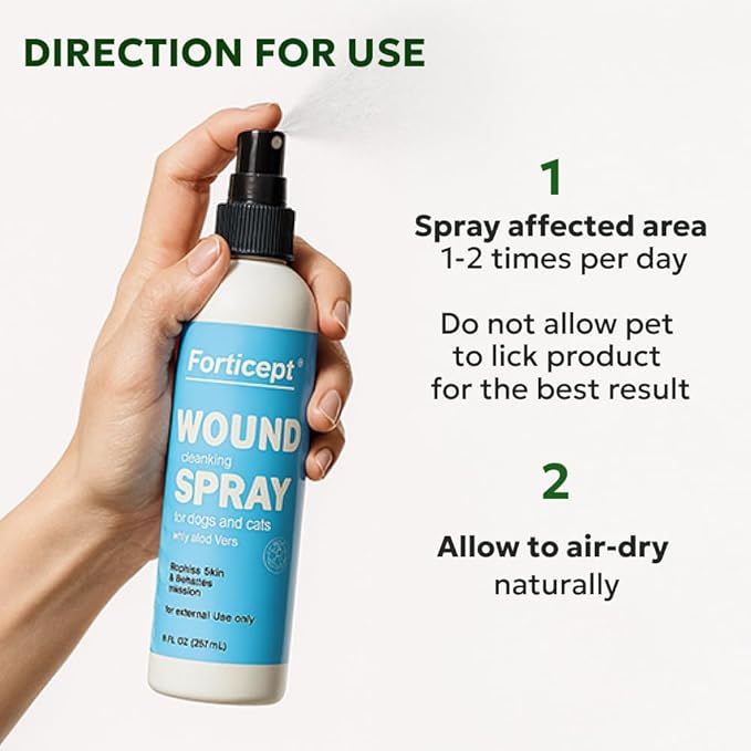 Forticept Hot Spot Spray for Dogs Cats & Horses, Itch Relief Wound Cleanser with Aloe Vera, 8 oz