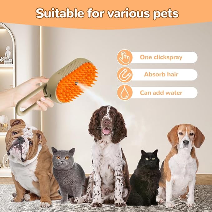 Pet Steam Groomer Brush Electric,2025 Electric Cat Grooming Brush for Massaging and Cleaning Shedding Pets Hair,3 in 1 Pets Steam Brushes Hair Removal Comb for Cats Dogs (Khaki)