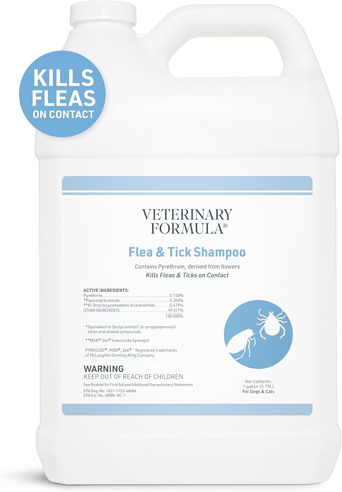 Veterinary Formula Flea and Tick Shampoo for Dogs and Cats, 1 Gallon – Dog and Cat Flea Shampoo with Pyrethrum to Kill Fleas, Ticks On Contact – Cleanses and Exfoliates