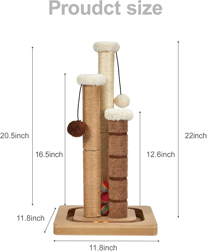 Cat Scratching Post Premium Natural Sisal Jute Carpet 3 Scratch Posts with Interactive Track Ball Base and Hanging Balls Toys Kitten Scratcher for Indoor Kittens and Small Cats