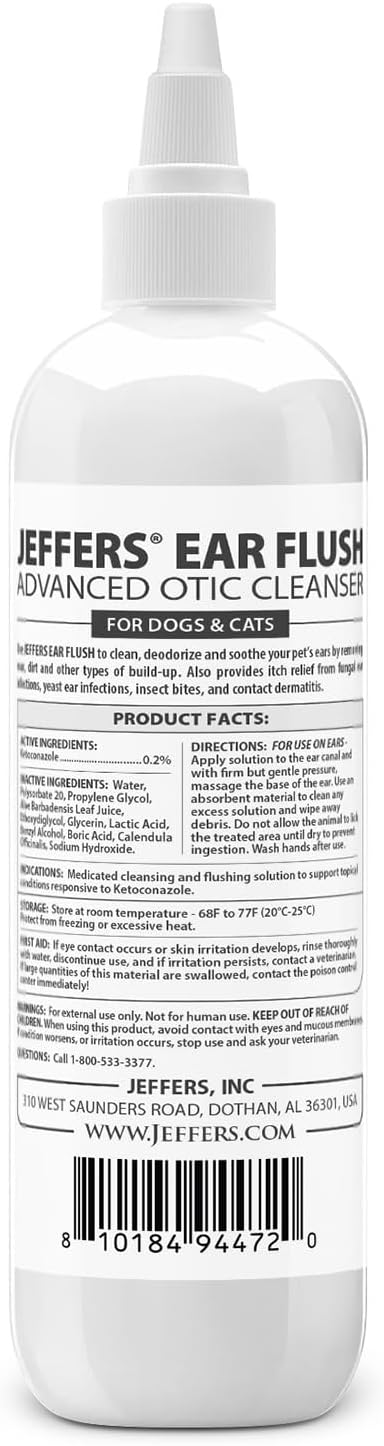 Jeffers Pet Ear Flush for Dogs & Cats – Gentle Otic Wash with Aloe & Calendula – Supports Routine Grooming & Ear Cleansing – Easy to Use Ear Wash Solution – 8 oz Bottle