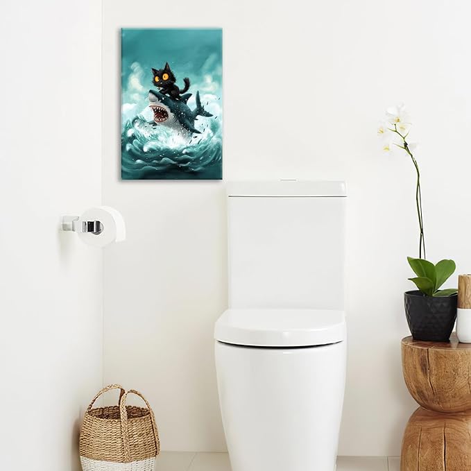 Funny Black Cat Bathroom Wall Art Cute Cat Riding Shark Canvas Wall Decor Animal Kitten Pictures Painting Print Artwork Framed Decorations Gifts for Cat Lover Kids Room Bedroom 16"x24"