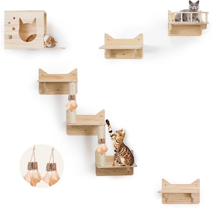 Wall-Mounted Cat Shelves for Large Cats – 9-Piece Pine Wood Cat Furniture with Scratching Posts, Ladder & House – Indoor Modern Climbing Wall Gym for Cats