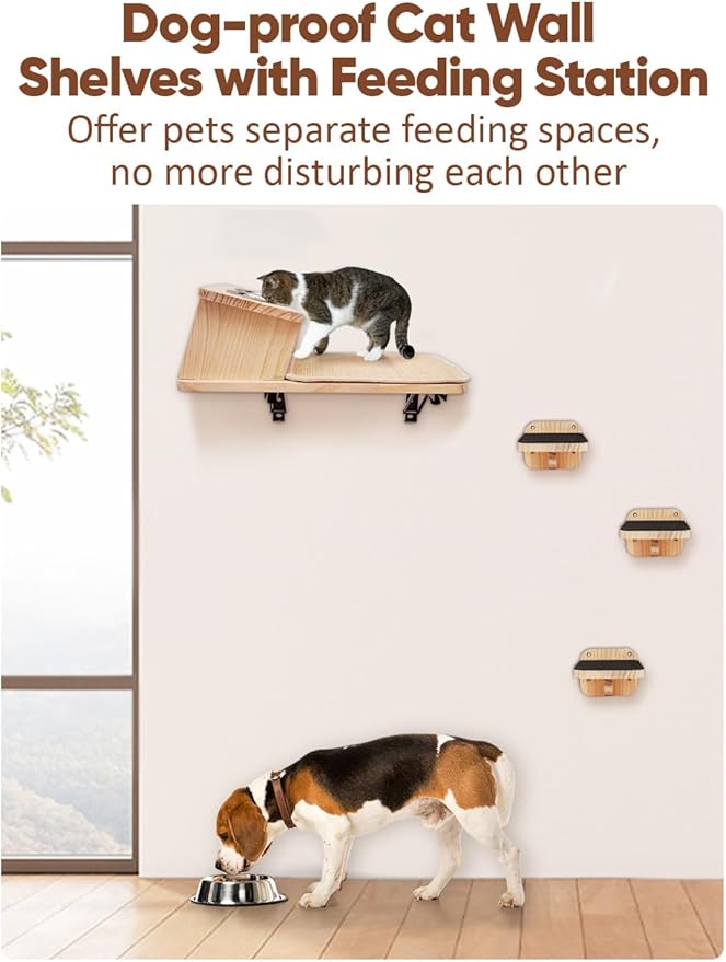 Cat Wall Shelves with 3 Cimbing Steps Wall-Mounted Cat Shelf Dogproof Feeding Bowls Station Cats Hammock and Perches for Wall Furniture Set Climber Scratching Post