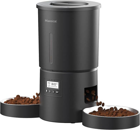 Dual Automatic Cat Feeder 2 Cats,6 Meals/Day,12 Portions/Meal,4.2L Dual Power Double Bowls Feeder,Dry Food Auto Pet Dispenser,10S Voice Record,Flexible Schedule Timer (Black,Stainless Dual Bowls)