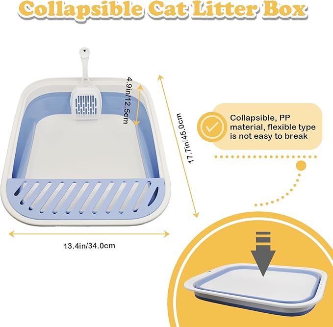 Foldable Kitty Litter Box Open Potty Pan Cat Toilet Portable Cats Litter Box Travel Litter with Scoop Waterproof Low Entrance for Kitten and Cat Toilet Easy Clean 17.7"×13.4"x4.9"(Blue)
