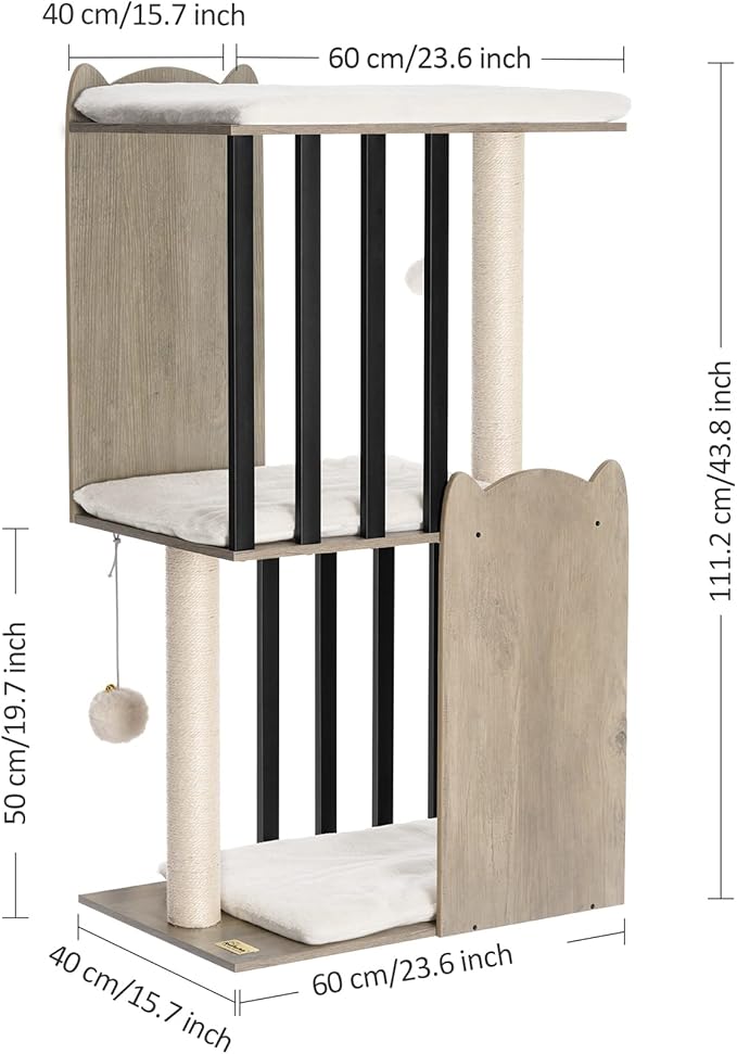 FourFurPets 43.8in 3-Tier Modern Cat Tree Tower Condo, Cat Scratch Posts for Indoor Cats, Big Plate, Two 19.7in Full Sisal Scratching Posts, Greige