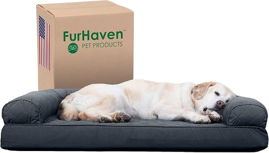 Furhaven Cooling Gel Dog Bed for Large Dogs w/ Removable Bolsters & Washable Cover, For Dogs Up to 95 lbs - Quilted Sofa - Iron Gray, Jumbo/XL