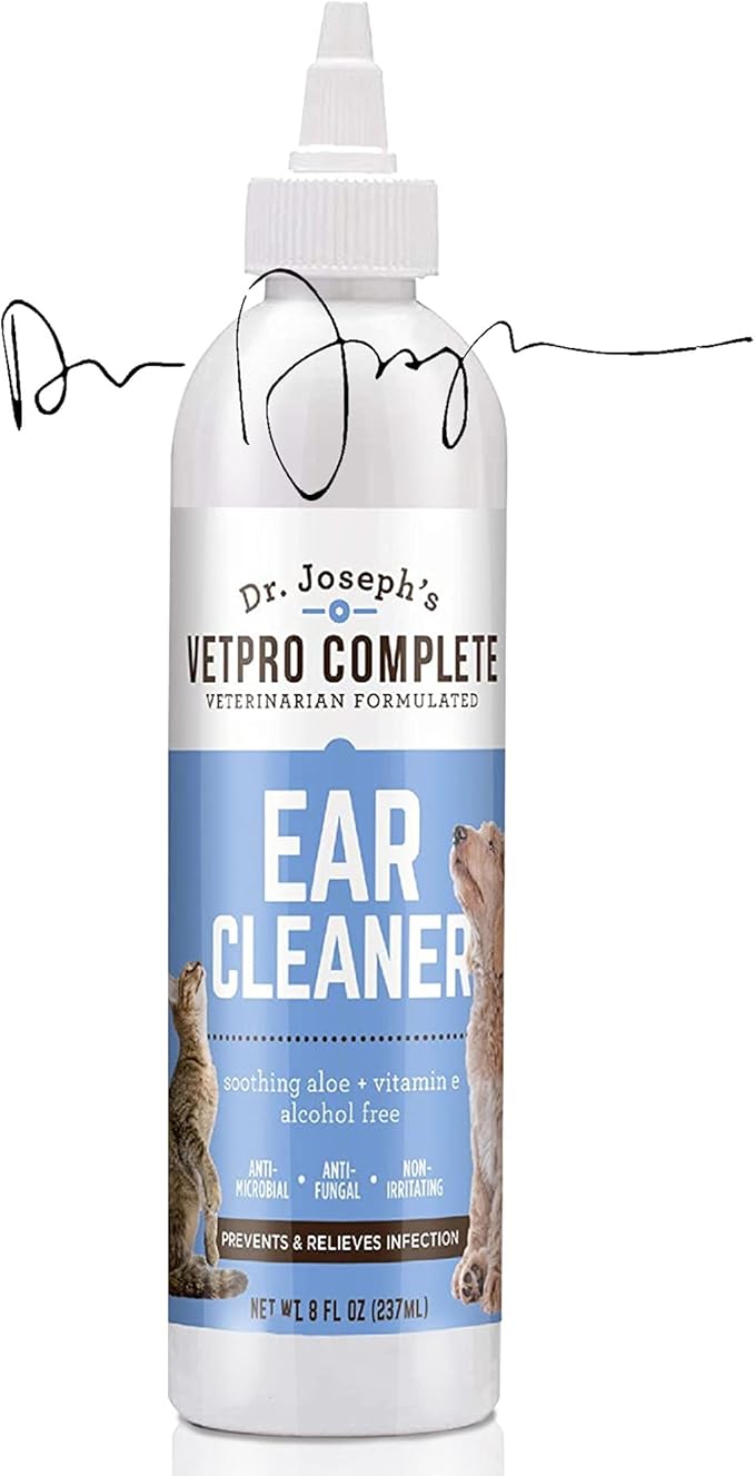VetPro Complete Dr. Joseph's Dog Ear Cleaner, 8 Ounces, Gentle Dog and Cat Ear Rinse Solution Wash with Aloe Vera and Vitamin E, Dog Ear Drops to Remove Wax and Debris, Reduces Odor, Easy Applicator