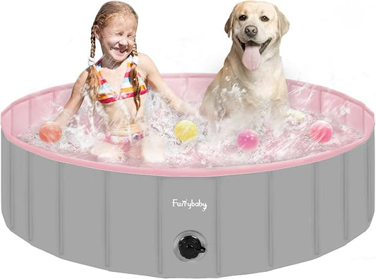 Furrybaby Dog Pool, Kiddie Pool Hard Plastic Foldable Dog Pools for Large Dogs Portable Pet Doggie Wading Swimming (Pink 47'') Indoor and Outdoor