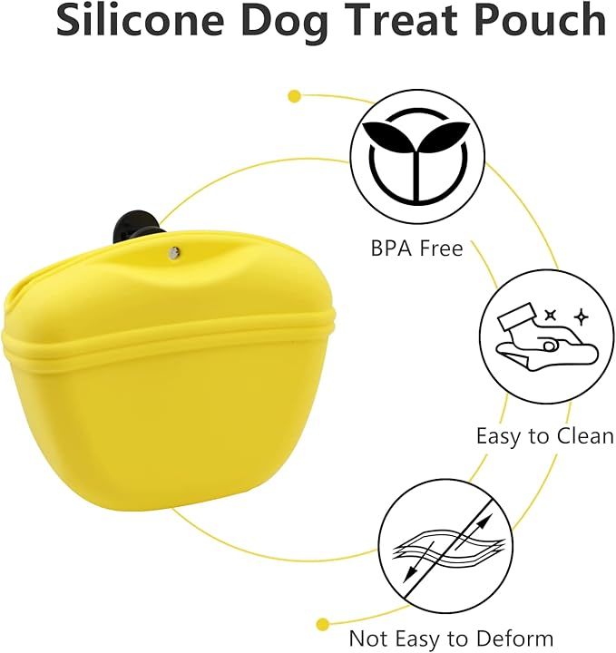 Dog Treat Pouch 2 Pack, Dog Treat Training Pouch, Silicone Pet Treat Bag BPA Free/Clip/Magnetic Dog Walk (Yellow & Blue)