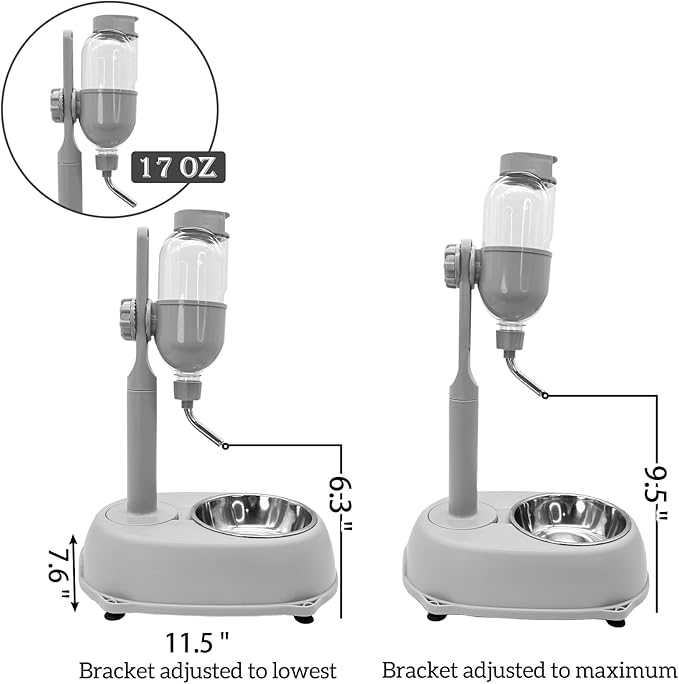 Fhiny Dog Water Feeder Bottle with Stand, Dispenser Automatic Water Food Bowl for Cage Leak-Proof No-Drip Adjustable Raised Pet Slow Water Bottle Dog Kennel Durable Drinker Container