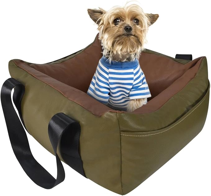 Dog Car Seat for Small Dogs, Large Leather Dog Car Bed with Storage Pocket, Waterproof PVC Leather Booster Seat Travel Bed for Front & Back Seat, Clip-On Safety Leash (Green/Brown)