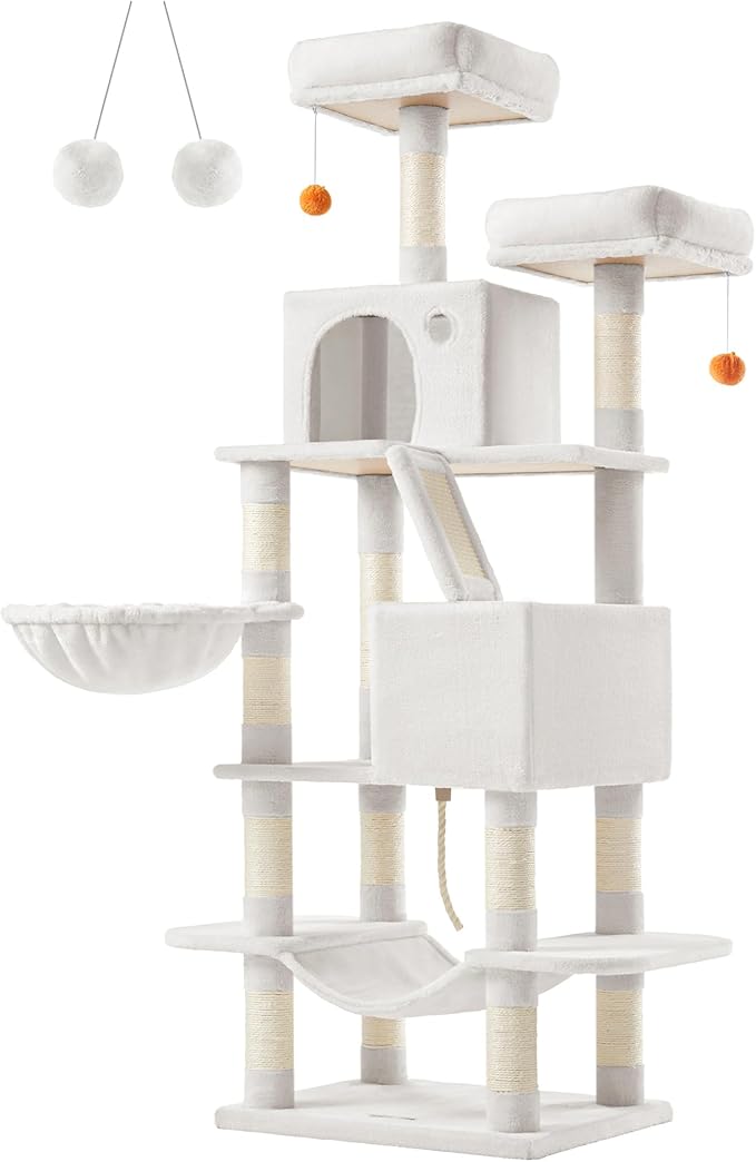 Feandrea Cat Tree, 66.1-Inch Large Cat Tower with 13 Scratching Posts, 2 Perches, 2 Caves, Basket, Hammock, Pompoms, Multi-Level Plush Cat Condo for Indoor Cats, Cream White UPCT165T01