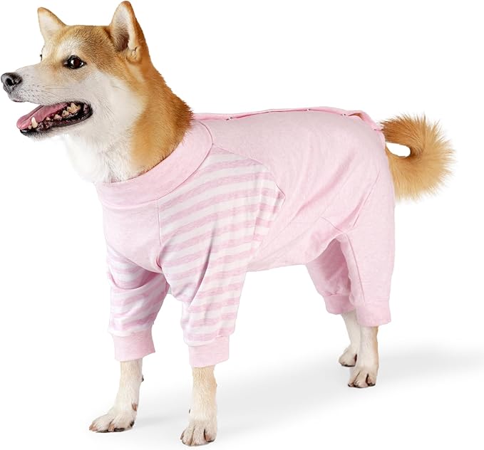 Dog Recovery Suit, Abdominal Wound After Surgery Wear, Anti Licking Bodysuit with Snaps, E-Collar & Cone Alternatives, Striped Dog Spay Surgical Pajamas Prevent Shedding(Large, Pink)