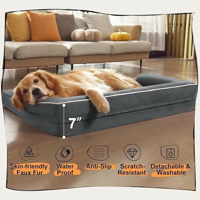 Extra Large Dog Bed-Orthopedic Waterproof XL Dog Bed for XLarge Extra Big Dogs - Foam Couch Sofa Washable with Removable Cover-Dark Grey
