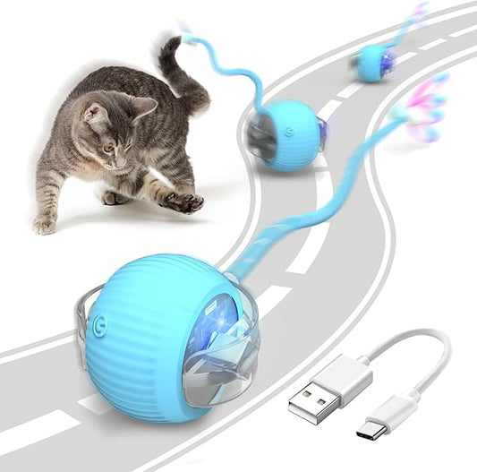 Interactive Cat Toy Ball for Indoor Cats with Mesh Tail & Foils, Automatic Rolling Three Modes Agile Moving Cat Ball to Keep Them Busy Rechargeable, Blue