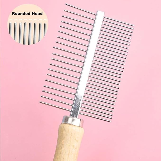 Pet Comb for Dog Cat Rabbit Grooming, Dog Stainless Steel Combs with Wooden Handle, Small Cat Flea Lice Comb for Removes Mats, Tangles and Loose Fur